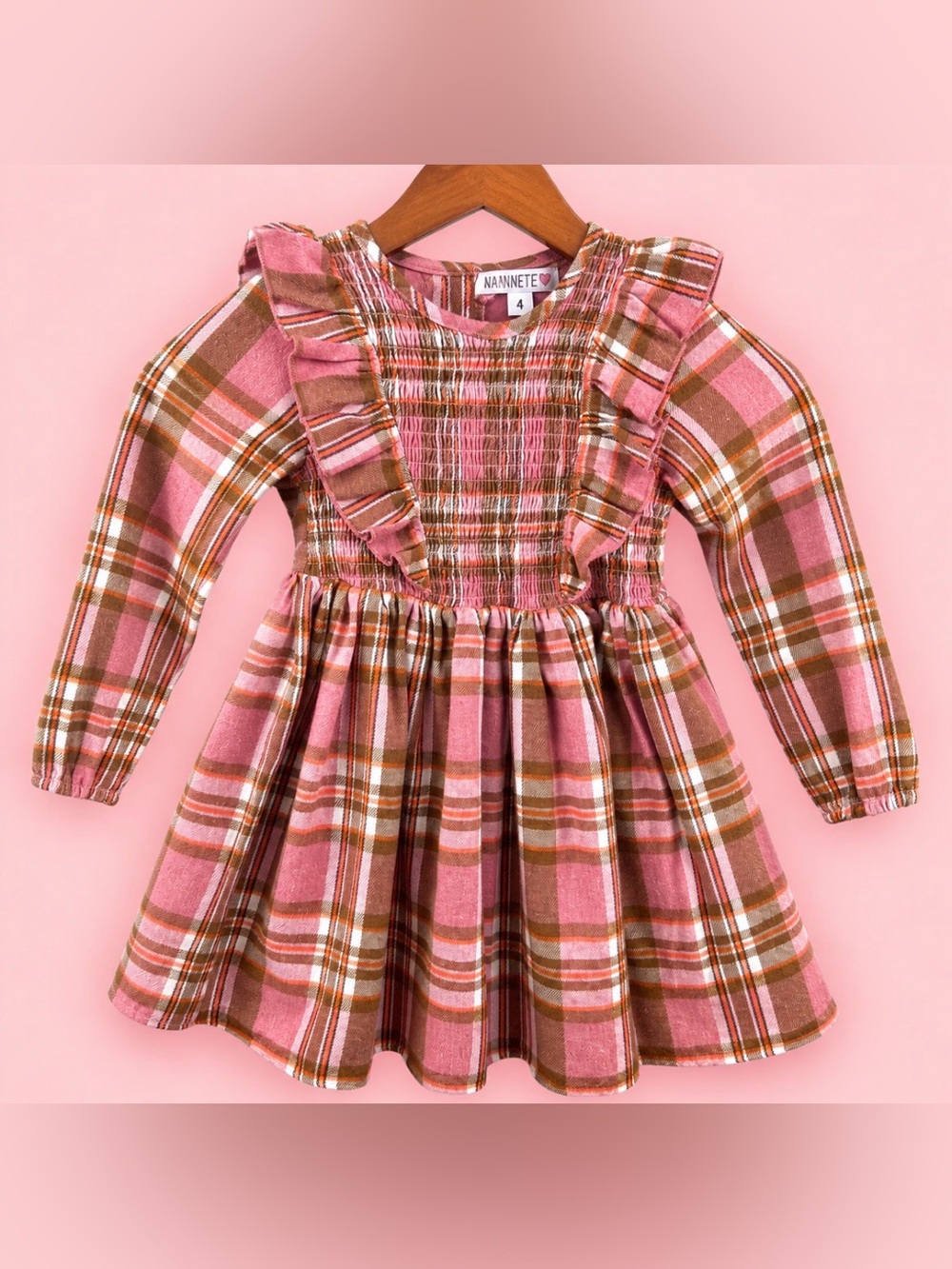 Nannette Girls Pink Plaid Smocked Ruffle Dress Size 4